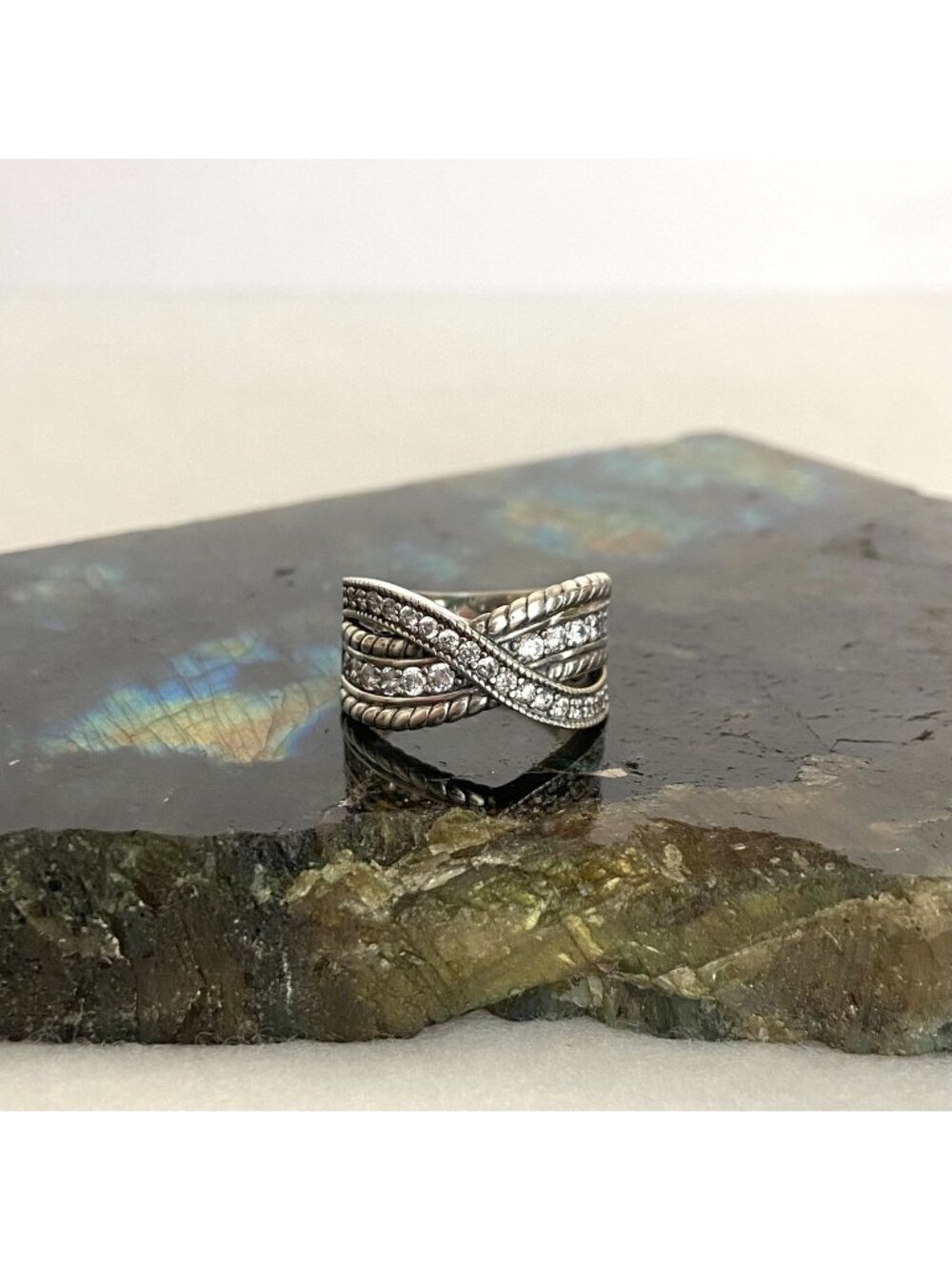 Sterling Silver 925 FZN Pave Cubic Zirconia Cross Over Band Ring Sz 6.5